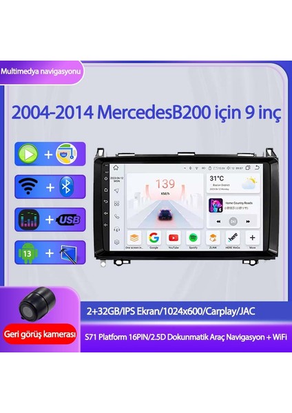 Mercedes B200 Için 9 Inç Carplay Navigasyon - Wifi Desteği 2+32GB Gps Kamera - 2004-2014 Model