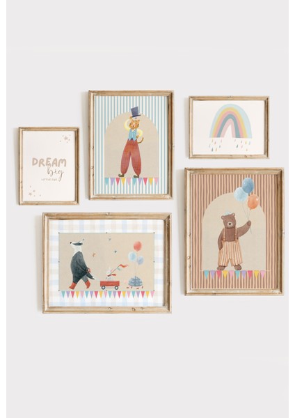 Nordik Tarz Sirk Konseptli Çocuk Odası Dekor Tablo Çerçeveli Seti