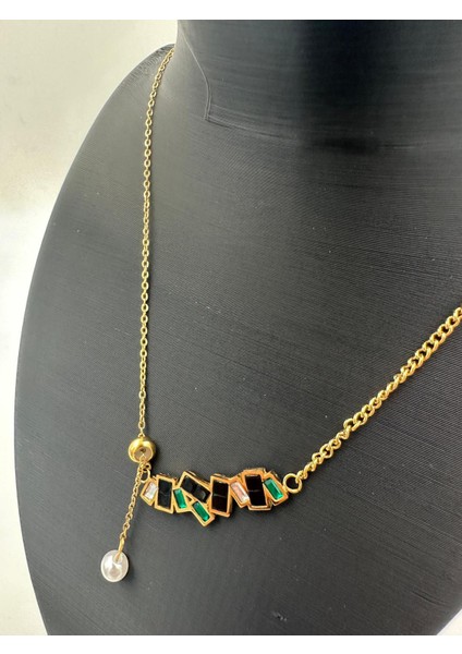 Gold Renk Renkli Taşlı ve Inci Uçlu Modern Kolye – Şık & Asimetrik Tasarım fiyatları