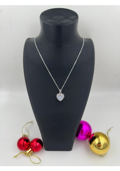 Gümüş Renk Taş Detaylı Kalpli Çelik Kadın Kolye