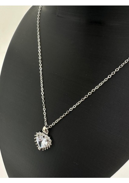 Gümüş Renk Taş Detaylı Kalpli Çelik Kadın Kolye fiyatları