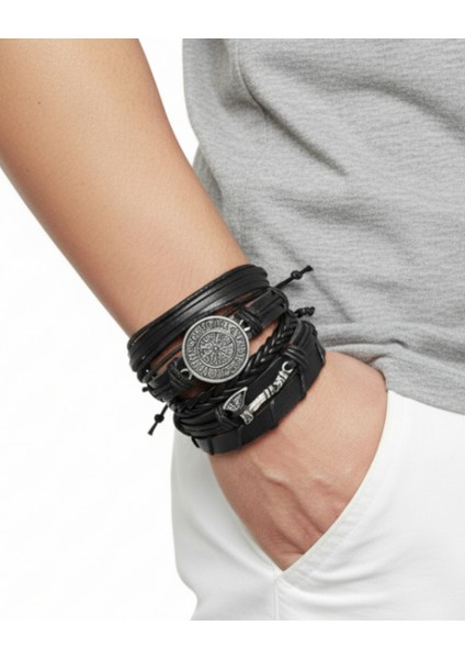 Viking Balta Iskandinav Pusula Figürlü 5'li Deri Bileklik