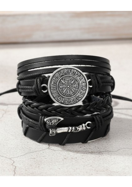 Viking Balta Iskandinav Pusula Figürlü 5'li Deri Bileklik fiyatları
