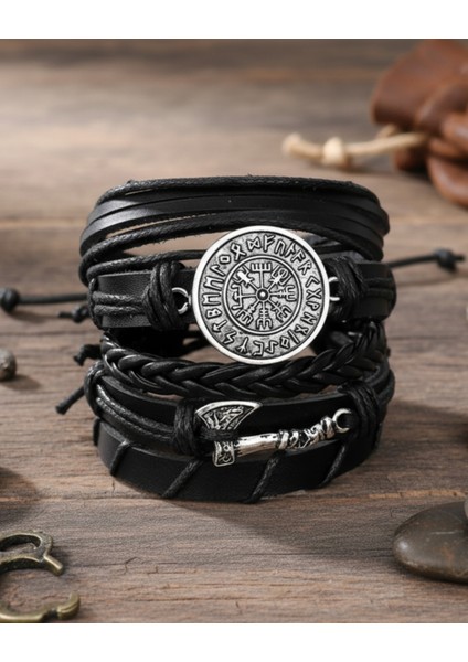 Viking Balta Iskandinav Pusula Figürlü 5'li Deri Bileklik modelleri