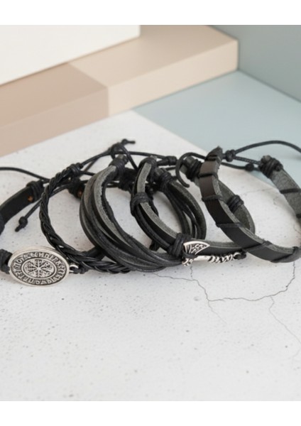 Viking Balta Iskandinav Pusula Figürlü 5'li Deri Bileklik fırsatları