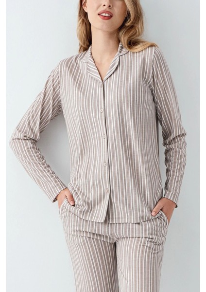 Kadın Çizgili Pamuklu Önden Düğmeli Pijama Takımı fiyatları