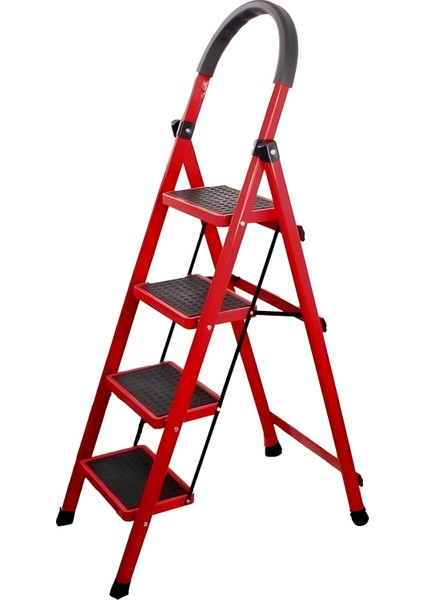 4 Basamaklı Katlanır Merdiven | Kaymaz Geniş Basamaklı Ev & Mutfak Tipi | 150 Kg Kapasiteli Emniyetli Kırmızı