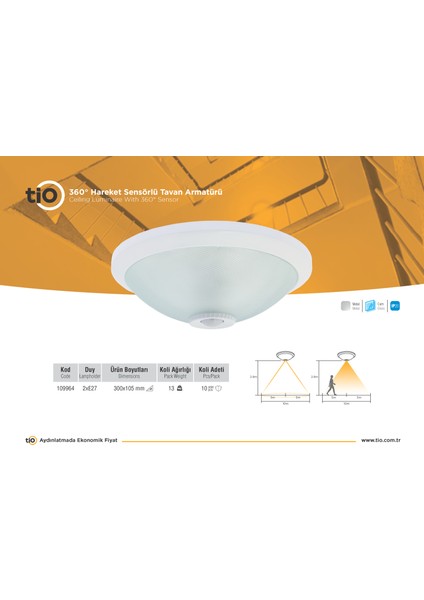 Tio 360° Hareket Sensörlü Tavan Armatürü 2XE27DUY - Koridor, Merdiven, Apartman,depo
