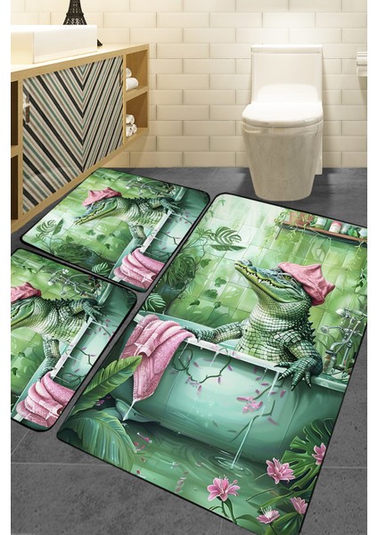 Crocodile 3'lü Banyo Paspası,kaymaz Tabanlı,yıkanabilir 60X100 50X60 40X60 cm Djtbanyo