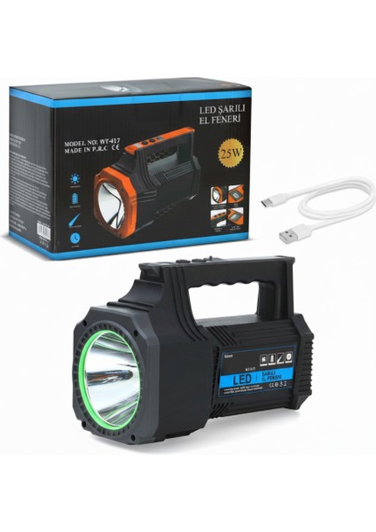 Şarjlı Dev Boy El Feneri 25W Süper Parlak LED El Lambası Kamp, Av ve Güvenlik Için Ideal