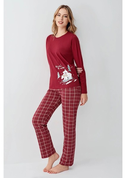 Anne Kız %100 Pamuklu Bordo Uzun Kollu Pijama Takımı 3445 indirimleri