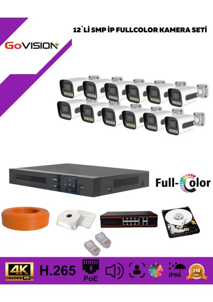 Go Vision 12'li Güvenlik Ip Kamera Seti - 5mp Dış Mekan Kamera, 3.6mm Lens, H.265, Poe, Warm LED Gece Görüşlü