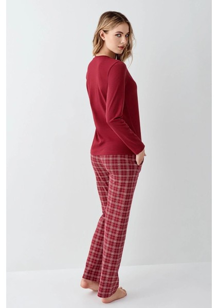 Anne Kız %100 Pamuklu Bordo Uzun Kollu Pijama Takımı 3445