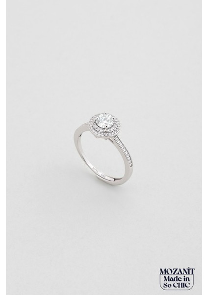 Işıltılı Mozanit 18 Ayar Beyaz Altın Kaplama Ayarlanabilir Gümüş Yüzük