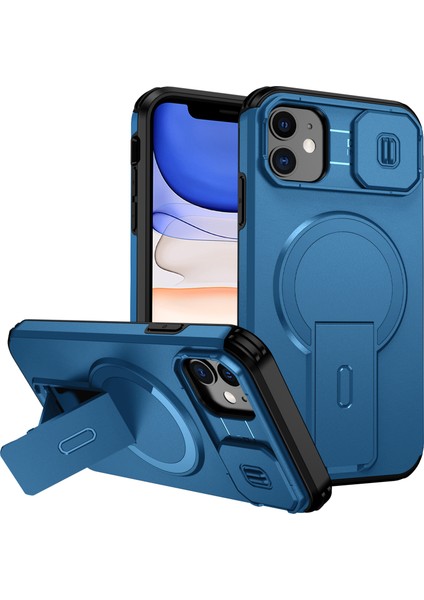 iPhone 11 Için Manyetik Kılıf, Kayar Kamera Korumalı Çift Katmanlı Darbeye Dayanıklı Telefon Kılıfı, Ayarlanabilir Stand, Mavi (Yurt Dışından)