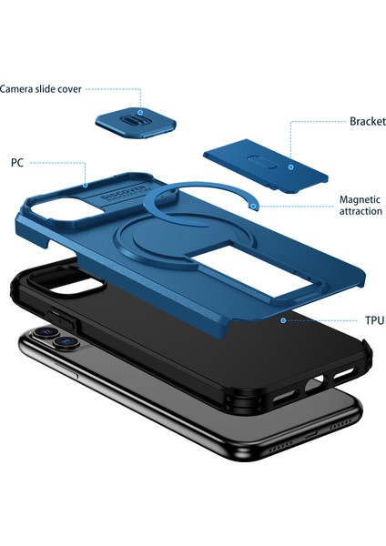 iPhone 11 Için Manyetik Kılıf, Kayar Kamera Korumalı Çift Katmanlı Darbeye Dayanıklı Telefon Kılıfı, Ayarlanabilir Stand, Mavi (Yurt Dışından) fiyatları