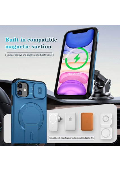 iPhone 11 Için Manyetik Kılıf, Kayar Kamera Korumalı Çift Katmanlı Darbeye Dayanıklı Telefon Kılıfı, Ayarlanabilir Stand, Mavi (Yurt Dışından) modelleri