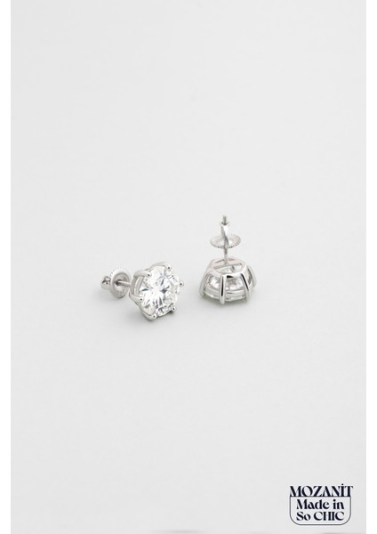 Modern Mozanit 18 Ayar Beyaz Altın Kaplama Gümüş Küpe