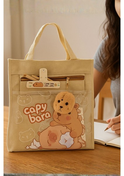 Sevimli Kapibara Figürlü Çok Fonksiyonlu Geniş Kapasiteli Kanvas Taşıma Kitap Çantası