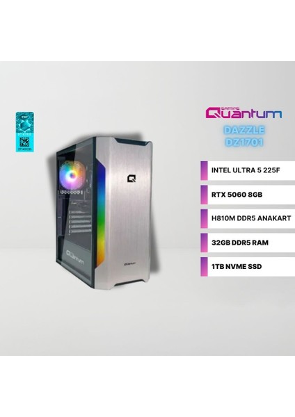 Dazzle DZ1701 Intel Ultra 5 225F 32GB Ddr5 1tb Nvme SSD Rtx 5060 8gb Gaming Masaüstü Bilgisayar