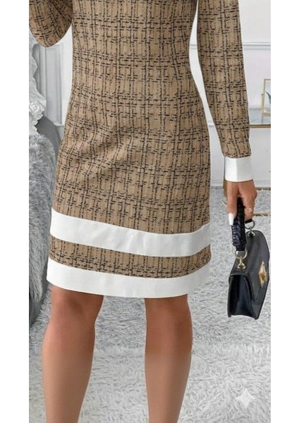 Kadın Uzun Kollu Yuvarlak Yaka Etek Ucu Şerit Detaylı Mini Dokuma Elbise modelleri