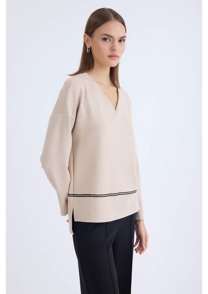 V Yaka Şerit Detaylı Uzun Kol Bluz modelleri