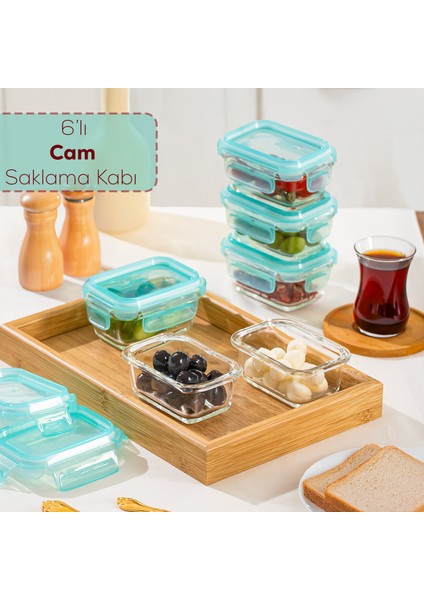 4373 6lı Sızdırmaz Kilit Kapaklı Yiyecek Erzak Saklama Kabı Seti - Cam Saklama Kabı - 150ML Yeşil