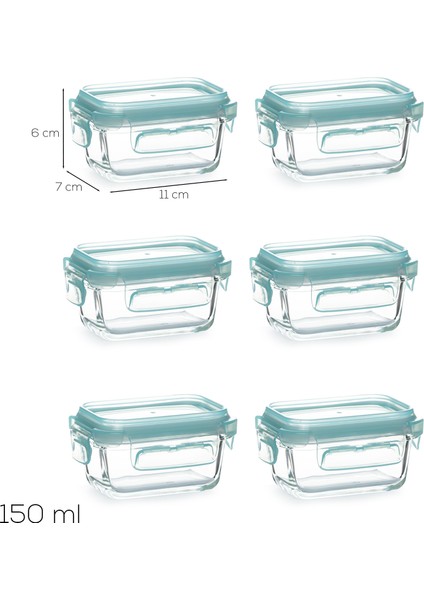 4373 6lı Sızdırmaz Kilit Kapaklı Yiyecek Erzak Saklama Kabı Seti - Cam Saklama Kabı - 150ML Yeşil fırsatları