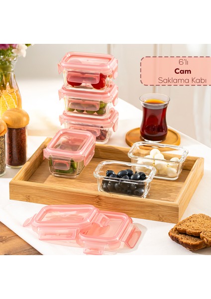 4375 6lı Sızdırmaz Kilit Kapaklı Yiyecek Erzak Saklama Kabı Seti - Cam Saklama Kabı - 150ML Pudra