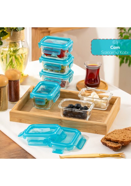 4376 6lı Sızdırmaz Kilit Kapaklı Yiyecek Erzak Saklama Kabı Seti - Cam Saklama Kabı - 150ML Mavi