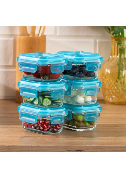 4376 6lı Sızdırmaz Kilit Kapaklı Yiyecek Erzak Saklama Kabı Seti - Cam Saklama Kabı - 150ML Mavi fiyatları