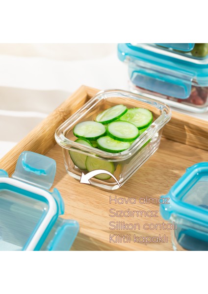 4376 6lı Sızdırmaz Kilit Kapaklı Yiyecek Erzak Saklama Kabı Seti - Cam Saklama Kabı - 150ML Mavi modelleri