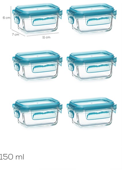 4376 6lı Sızdırmaz Kilit Kapaklı Yiyecek Erzak Saklama Kabı Seti - Cam Saklama Kabı - 150ML Mavi fırsatları