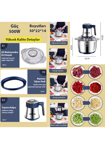 Powerchop Pro Elektrikli Paslanmaz Çelik Kollu 5 Litre Et Kıyma Makinesi Sebze Meyve Doğrayıcı Rondo Blendır