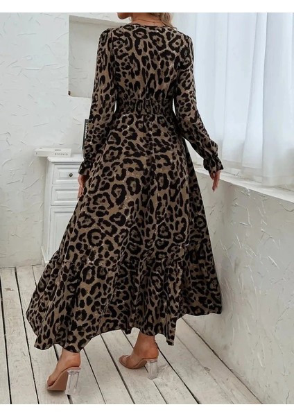 Kadın Uzun Kollu Kruvaze Yaka Leopar Desenli Uzun Süprem Elbise fiyatları