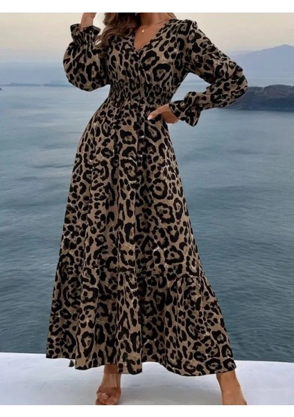 Kadın Uzun Kollu Kruvaze Yaka Leopar Desenli Uzun Süprem Elbise modelleri