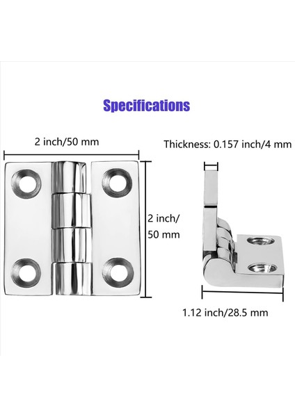 Ağır Hizmet Tipi Paslanmaz Çelik Tekne Menteşeleri Deniz Sınıfı Menteşeler 2 Inç x 2 Inç (50MM x 50 Mm) (8 Adet) (Yurt Dışından) fiyatları