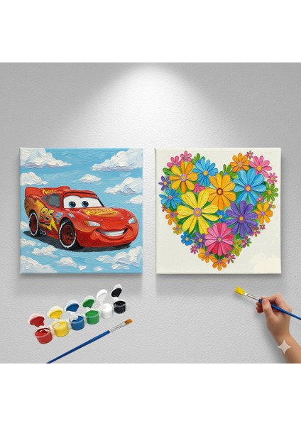 Okul Etkinliği-2'li Tuval Boyama Seti. 20X20 cm Uv Baskı 6 Akrilik Boya 1 FIRÇA-MODEL-325