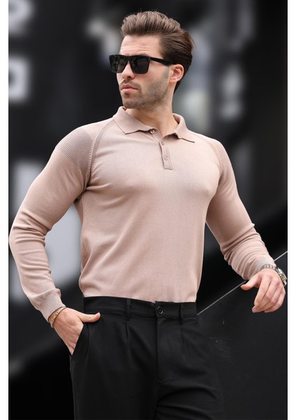 Bej Polo Yaka Dokulu Uzun Kollu Kazak E7264