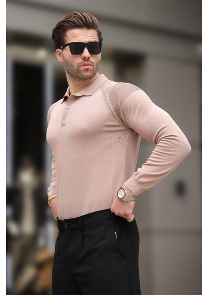 Bej Polo Yaka Dokulu Uzun Kollu Kazak E7264 modelleri