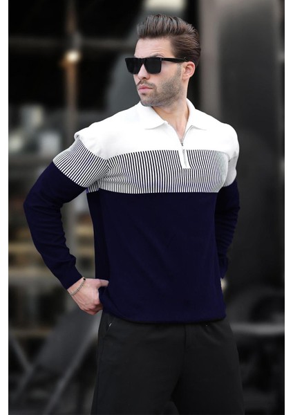 Lacivert Fermuar Yaka Renk Bloklu Uzun Kollu Kazak 7262