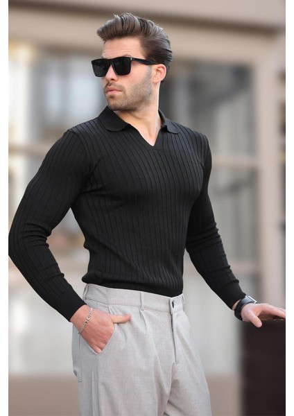 Siyah Polo Yaka Çizgili Uzun Kollu Erkek Kazak 7289