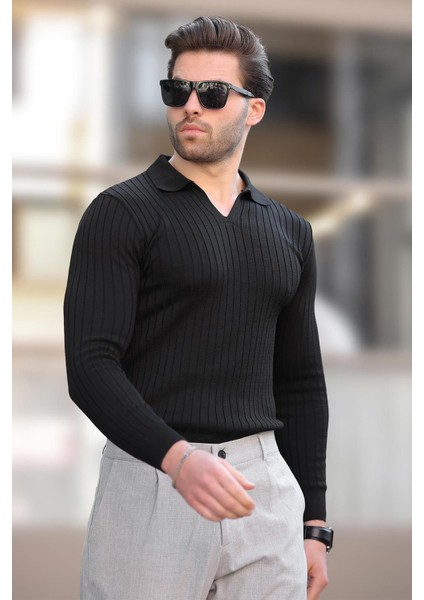 Siyah Polo Yaka Çizgili Uzun Kollu Erkek Kazak 7289 fiyatları