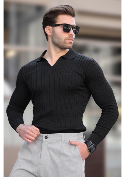 Siyah Polo Yaka Çizgili Uzun Kollu Erkek Kazak 7289 modelleri