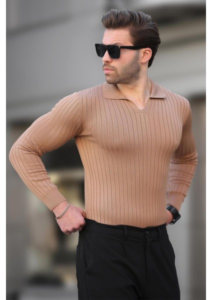 Camel Polo Yaka Çizgili Uzun Kollu Erkek Kazak 7289