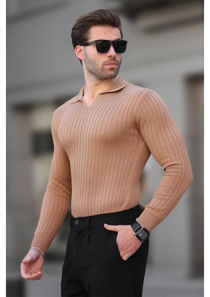 Camel Polo Yaka Çizgili Uzun Kollu Erkek Kazak 7289 fiyatları