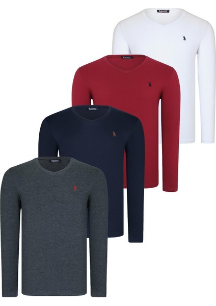 Dörtlü Set T8587 Dewberry V Yaka Erkek Sweatshırt-Antrasit-Lacivert-Beyaz-Bordo
