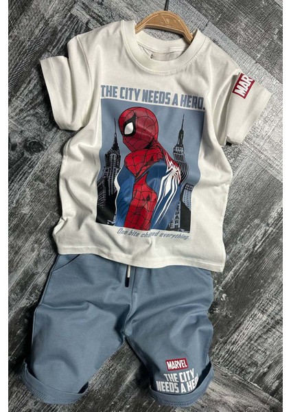 Erkek Çocuk Örümcek Ağı ve Digital Yazı Baskılı T-Shirt Ip Detaylı Mavi Şortlu Takım