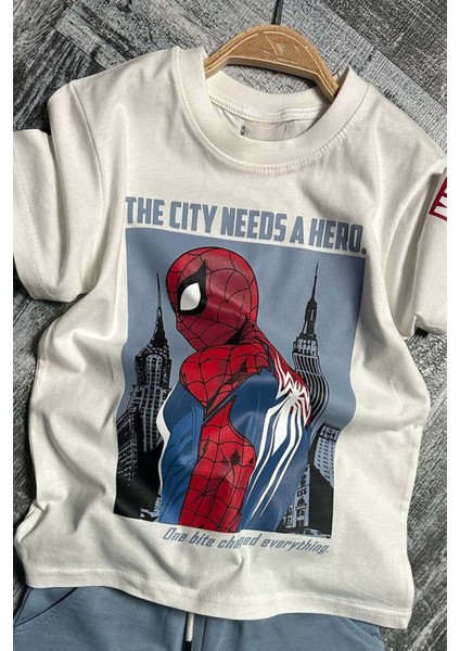 Erkek Çocuk Örümcek Ağı ve Digital Yazı Baskılı T-Shirt Ip Detaylı Mavi Şortlu Takım fiyatları
