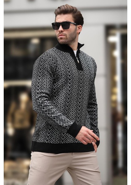 Siyah Fermuar Yaka Uzun Kollu Desenli Örme Kazak E7287